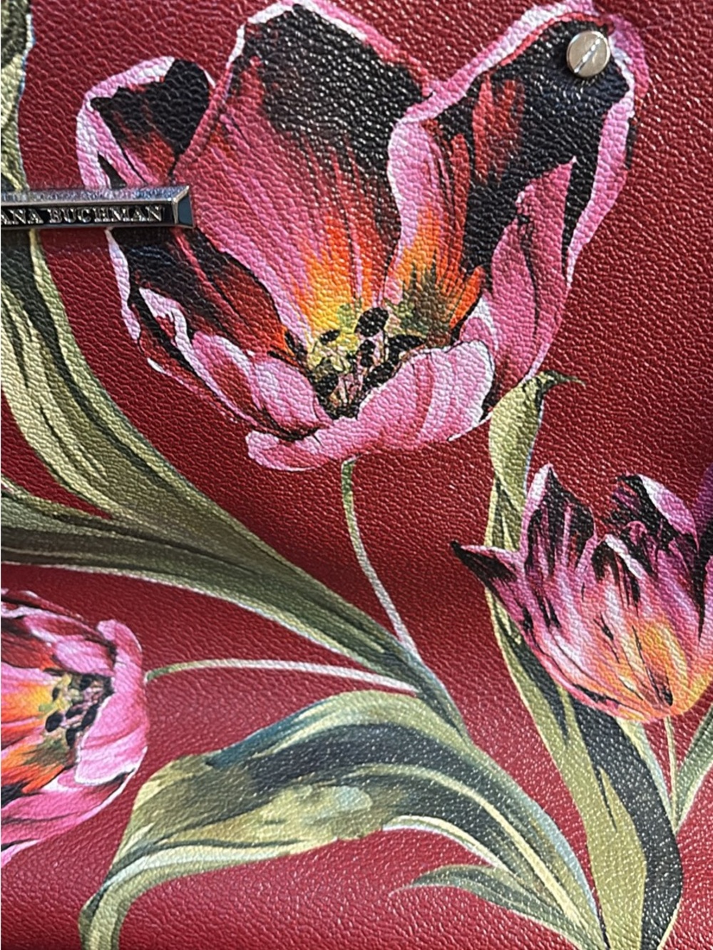 Dana Buchman Red Floral Tote with Pink and Green Accents